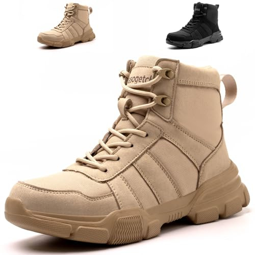 Nasogetch Chaussures de Sécurité Homme Femme Montante Légère Bottines de Sécurité Embout Acier Protection Bottines de Travail Khaki 45 EU 275