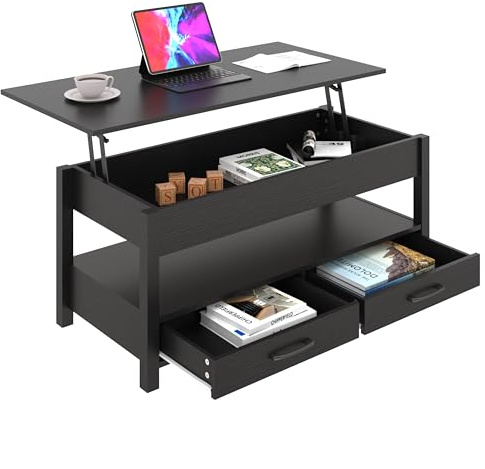 Panana Coffee Table, Lift Top Coffee Table with Hidden Compartment, 2 Drawers and 1 Open Shelf, Retro Central Wooden Table Lift Tabletop for Living Room (Black)