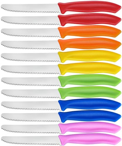 hunnycook coltelli da colazione colorati 12 pezzi, coltello da tavola seghettato con bordo seghettato, set di coltelli da colazione in acciaio inox, lavabili in lavastoviglie