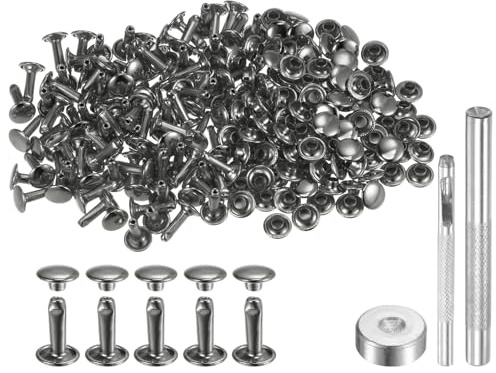 QUARKZMAN Leder Nieten 100 Set Metallniete Doppelkappe 12mm x 8mm Röhrenförmige Hohlnieten Lochzange mit 3 Werkzeug Nietenzange für DIY Handwerk Gürtel Reperatur Dekoration, Schwarz