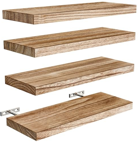 Pipishell Wandregal Holz, 40 cm Regal Wand, Paulownia Küchenregal Hängend Schweberegal Holzregal, 4er-Set aus Holzregalen für Badezimmer, Schlafzimmer, Büro, Wohnzimmer, Küche usw. (Hellbraun)