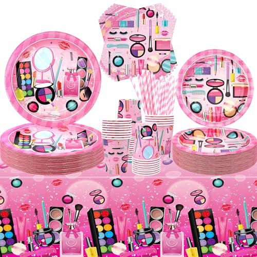 Articoli per feste termali, per 40 persone, stoviglie a tema trucco, piatti da cena, piatti da dessert, bicchieri, tovaglioli, spa, trucco, cannucce per ragazze e donne, per coccolare il sonno,
