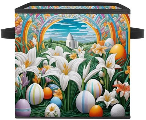 Large Cube Storage Bin with Leather Handles, 10.8x10.5x10.6 Inches, Foldable Storage Box for Home, Living Room, Closet, Bedroom, Easter Eggs Lilies