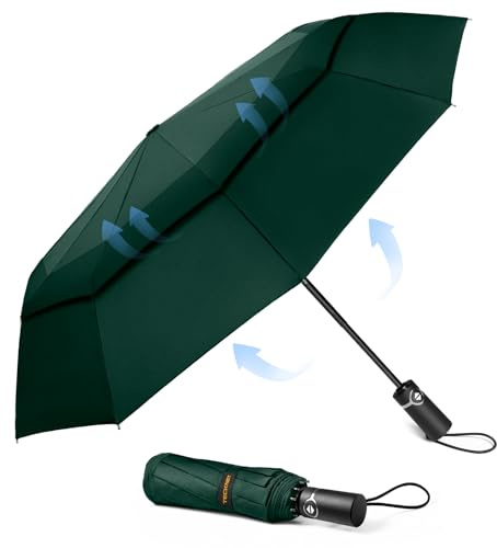 TECKNET Windproof Umbrella - Strong Compact Travel Automatic, Large Wind Resistant with 10 Ribs, Folding Lightweight Golf Automatic for Rain, Green