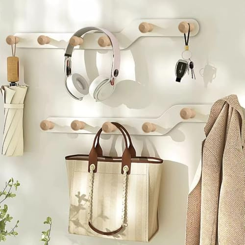 devesanter Kleiderhaken Wand 2 Stück,Garderobenhaken mit 6 Holz Haken Wandgarderobe, Platzsparend Garderobenleiste zum Aufhängen,für Mäntel, Handtücher, Hüte, Schlüssel, Geldbörse und Bademantel（Weiß）
