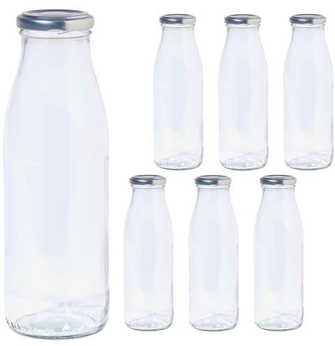 Vitrea 6 leere Glasflaschen 500ml Schraubverschluss Silber - Milchflaschen, Saftflaschen, Flaschen zum Befüllen mit Deckel - für Milch, Saft, Smoothies, Öl - 6 Stück, TO48, Milch