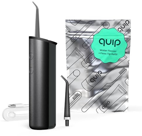 quip Water Flosser with Replacement Tip - Cordless Water Flosser with Adjustable Pressure - Teeth Cleaner Pick with 360 Degree Rotating Replaceable Tip, Rechargeable Water Dental Pick - All-Black
