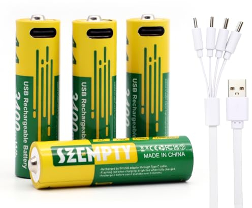 SZEMPTY Batterie ricaricabili AA da 3400 mWh, 2250 mAh, 1,5 V, USB-C al litio AA, ricaricabili, con cavo di ricarica 4 in 1, tipo C, oltre 1200 cicli.