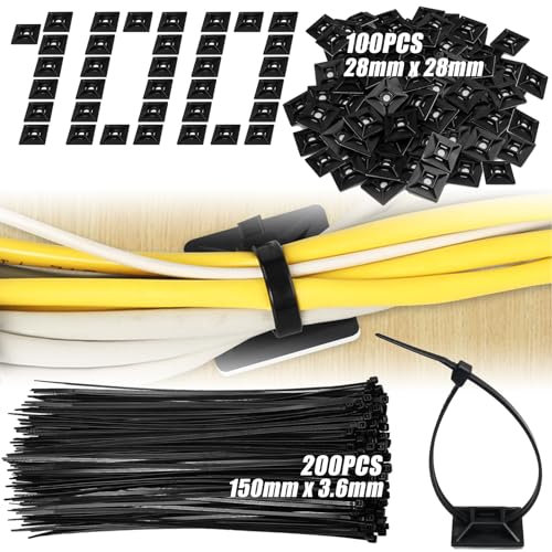 EUMAYES 200 Stk Kabelbinder UV Beständig Schwarz 150 x 3.6mm und 100 Stk 28 x 28mm Kabelhalter Selbstklebend, Kunststoff Kabelbinder Basishalter Klebesockel Set für Heim Büro Kabelbefestigung