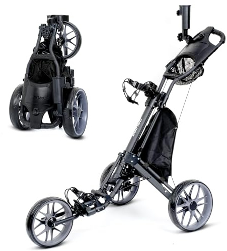DRUIDS 3 Wheels Golf Pull Cart : Upright Golf Push Cart, Portable Collapsible Golf Roller Cart, Quick Fold Self Push Hand Cart Golf with Brake, Cupholder Umbrella Holder, Cooler, Gray