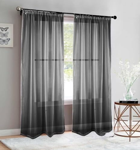 Schwar Textilien ® Cortina transparente con ojal y cinta para fruncir, 140 x 245 cm, #9010 (cinta fruncidora, negro)