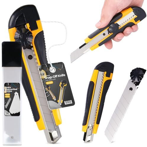 Taglierino Cutter Professionale 18 mm Taglierina per Moquette Pacchi Cartone Cutter Lama A Coltello In Metallo Pellicole Universale Tagli Precisione Autobloccante Con 11x Lama