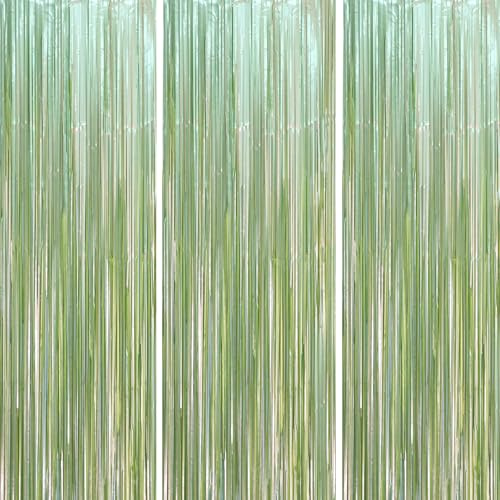Voircoloria 3 Pack 3.3 x 8.2 ft Sage Green Foil Fringe Backdrop Curtains, Tinsel Streamers Party Decorations, Door Shimmer for Baby Shower, Birthday, Martini Party Decorations