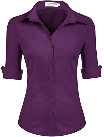 Hotouch Bluse Damen Kurzarm Baumwolle Hemdbluse Sommer Business Outfit | Button Down Blusen | V-Ausschnitt Hemd | 3/4 Ärmel Shirt | Slim Fit Damenbluse | Basic Tops | XS-XXL