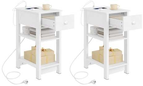 WOLTU Set med 2 smala nattduksbord med integrerade uttag och USB-dörrar, sängbord för sovrum med låda och hyllor, soffbord för små rum, sovrum, vardagsrum, vit, 30 x 45 x 65 cm, NTS20ws-2