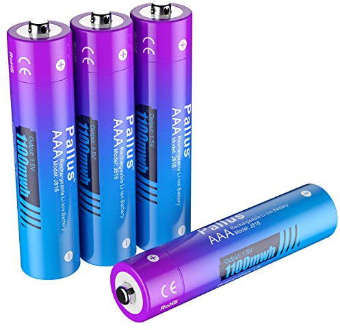 Pallus Piles Lithium AAA Rechargeables, Lot de 4, 1100 mWh (1,5 V, 733 mAh), Charge Rapide en 2 Heures, Cycles Supérieurs à 1600 Cycles, pour Lampe de Poche, Télécommandes et Microphone