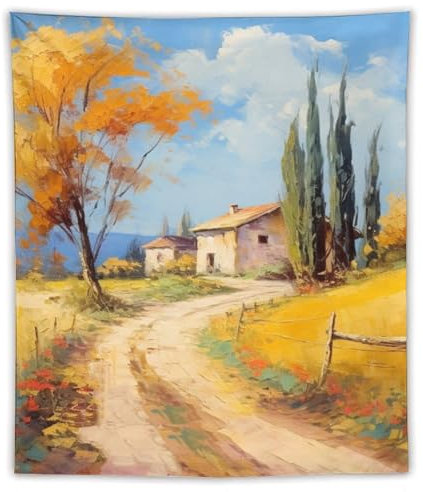 Wandteppich im Vintage-Stil, Landhaus-Stil, Herbst, gelber Baum, Bauernhaus, Polyester, modern, ästhetisch, Wandbehang, für Zuhause, Schlafzimmer, Wohnzimmer, Wohnheim, Dekostoff, 127 x 152 cm