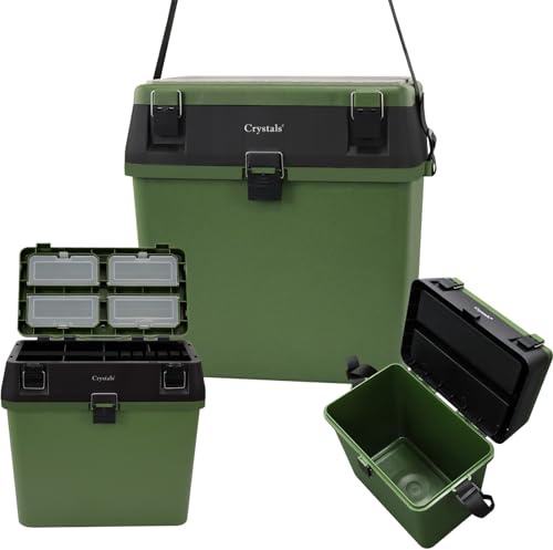 Crystals Fishing Tackle Box Seat with Padded Cushion – Angling Seat Box & Fishing Tackle Storage Organiser with Bait and Lure Compartments | Sea Fishing Accessories | Green/Black (Fishing Tackle Box)