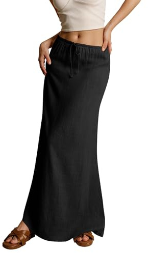 Womens Linen Maxi Skirt Drawstring Low Rise Long Skirts, Cotton Linen Skirts for Women Summer Comfy A Line Long Flowy Skirt