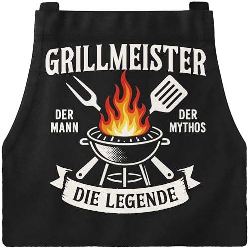 MoonWorks® Grillschürze für Männer – Grillmeister Spruch „Der Mann. Der Mythos. Die Legende.“ – Lustige BBQ Schürze aus Baumwolle Schwarz unisize