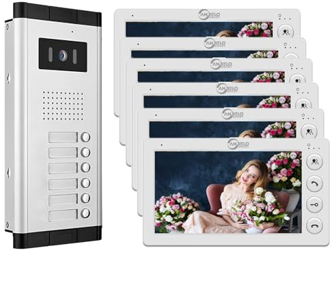 ANJIELO SMART Videoportero con Cable para Apartamentos,2/3/4/5/6/8/10/12 Unidades,Kit de videoportero de 7 Pulgadas,Desbloqueo con una Sola Llave (1 Timbre + 6 Monitor)
