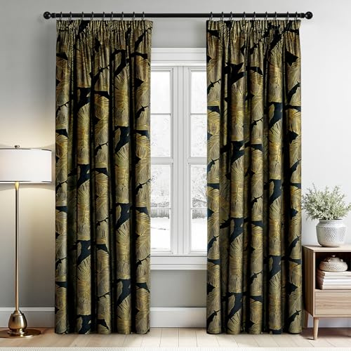 MIULEE Samtvorhäng Kräuselband mit Blattgolddruck Verdunklungsvorhänge Samt Gardinen Blickdicht Abdunklungsvorhang Thermovorhang Wohnzimmer Schlafzimmer 2er Set, 140 x 245 cm, Schwarz