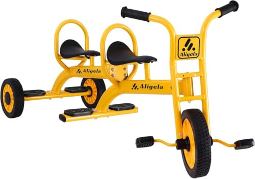 Aligela Preschool Tricycles for Kids Age 3-5 Years, Daycare Pdeal Tandem Trike 5 to 7 Year Old, Sturdy Carbon Steel Frame, Non-Slip Rubber Wheels, Outdoor Playgound Double Seat Tricycle, Yellow