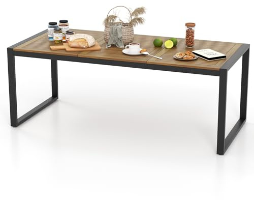 KOMFOTTEU Mesa de Jardín de 8 Plazas de Madera Acacia, Mesa de Comedor Rectangular con Orificio para Sombrilla, Marco de Metal, para Exterior, Balcón, Patio, 200 x 90 x 75 cm