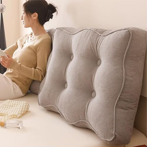 Generisch Cord Rückenkissen Bett, 90×55×15 cm Kopfkissen mit Abnehmbarer Waschbarer Bezug, Rückenstützkissen Lesekissen für Bett und Sofa, Bettkissen Rückenlehne Kissen, Couchkissen, Wandkissen, Grau