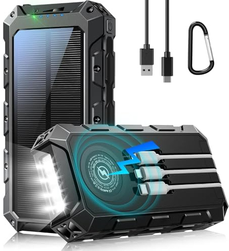 Batterie Externe 52800mAh Power Bank: 30W Charge Rapide Batterie Solaire avec 3 Câble Intégré,7 Sorties & 2 Entrées,USB C Chargeur Rapide Portable avec Lampe de Poche|Affichage LED pour Téléphone
