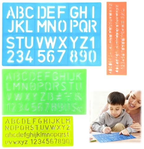 Juego de 4 Plantillas de Letras de Plástico para Alfabeto, Esténciles Reutilizables con Números y Símbolos para Niños, Arte, Bricolaje y Proyectos Creativos (Colores Variados)