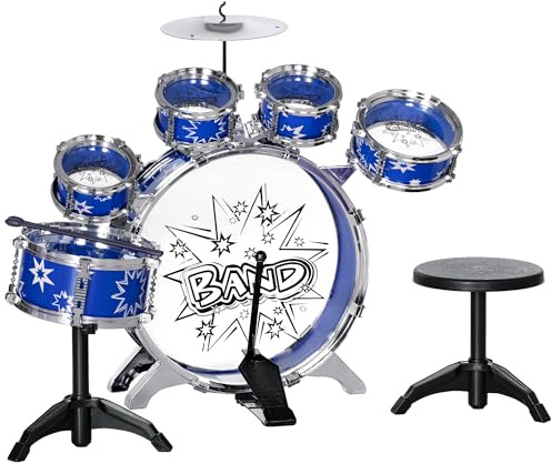 AIYAPLAY Batería Infantil con Taburete Batería para Niños de +3 Años con Tambores Bombo Platillo Pedal y Baquetas Diseño con Tema de Estrellas 65x22x57 cm Azul