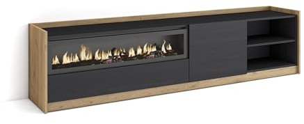 Skraut Home | Mueble TV | Televisión | Muebles de salón, almacenaje | 207x50x37 cm | para TV hasta 80 | Chimenea eléctrica | Estilo Moderno | Negro y Roble