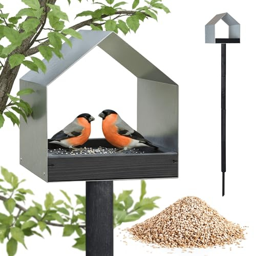 PATKAR Vogelhaus Futterhaus für Vögel mit Ständer aus Kieferholz und Verzinktes Blech - Vogelfutterhaus Vogelfutterstation für Wildvögel Vogel Futterstation + 500g Futter Gratis