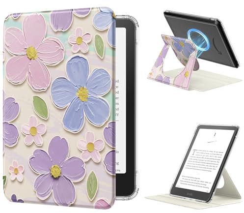 MoKo 360°Drehbar Hülle für 7 Ebook Reader 2024/2025/2026, Ölgemälde Blume | Durchsichtig, Abnehmbar Magnetisch, Verstellbar mit Ständer, Auto Wach/Schlaf, Nicht für TCL Remarkable Kobo