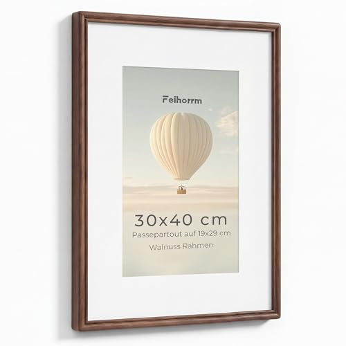 Feihorrm Marco de fotos 30 x 40, marco de nogal con vidrio templado | Marco de madera para fotos de 30 x 40 cm sin paspartú o fotos de 19 x 29 cm con paspartú, para horizontal y vertical