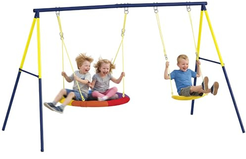 AIYAPLAY Set di Altalene per Bambini con Doppia Altalena, Parco Giochi da Esterno con Corde Regolabili, Struttura in Metallo per Età 3-8 Anni, Capacità 150kg, Multicolore