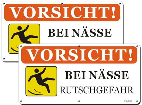 FKNSGR VORSICHT! Bei Nässe Rutschgefahr Warnschild 2er Pack, 30x15 cm | Aluminium mit 4 Bohrlöchern UV-beständig für Haus Hof und Gewerbeimmobilien