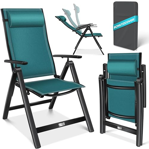 KESSER® Gartenstuhl Hochlehner mit Armlehnen Aluminium Klappstuhl mit Kopfkissen & Abdeckung Campingstuhl 7-Fach Verstellbar Rückenlehne Atmungsaktiv & Wetterfest Klappbar & Anti-Rutsch, Petrol