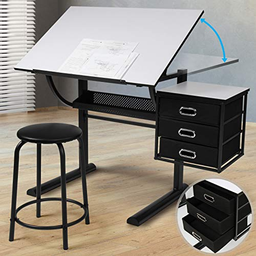 MIADOMODO® Zeichentisch mit Hocker - Tischplatte stufenlos neigbar, höhenverstellbarer, inkl. Schrank mit 3 Schubladen, Weiß Schwarz - Schreibtisch, Bürotisch, Arbeitstisch, Architektentisch