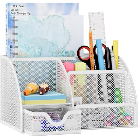 EasyPAG 7 Compartimentos Metal Malla Organizador Escritorio Portalápices Soporte Lapiceros Almacenamiento Oficina,Blanco