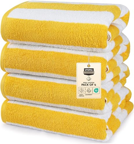 Utopia Towels Pack of 4 Cabana Beach Towels, Oversized 30 x 60 Inches Cotton Beach Towel Set, Smooth Ring Spun Texture for Pool and Swim Days, Modern Striped Design Bath Towels, Yellow