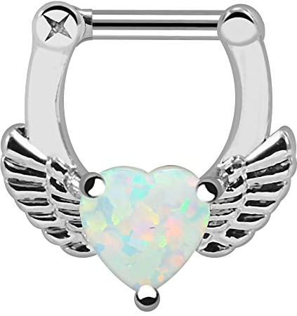 Monster Piercing Vogel Flügel mit weißen Herzen synthetischer Opal 316L Chirurgenstahl 16 Gauge Clicker Septum Nase Ring Piercing