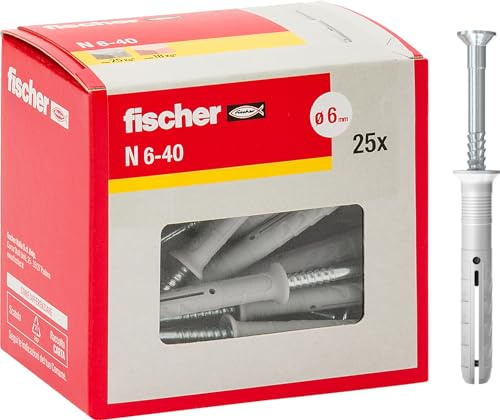 Fischer 508273 - Tacos de extensión para Knock N 6x40 Y, fijación de percusión con clavo premontado para completo, semilucinado y hormigón, 25 piezas por paquete, gris, 6 x 40 mm