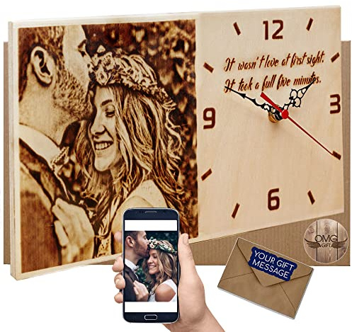 OMGGIFT Personalized Wood Burned Photo Clock - Traditional Gifts for 5 Year Anniversary for Her - Custom Photo Gifts - 5 Year Marriage Gifts - Fifth Wedding Anniversary
