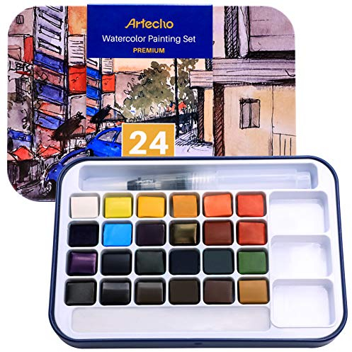 Artecho Aquarellfarben Set, 24 Basic Farben Wasserfarben, Aquarell mit Wassertankpinsel, Tragbar Aquarell Malkasten, perfekt für Anfänger und Profis, das ideale Geschenk