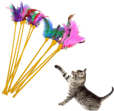 Lyra Pet® 10 Stück Katzenangel Spielangel mit Feder Federwedel Spielzeug Katze