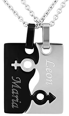 Hanessa 2 Stück Personalisierte Kette mit Gravur Edelstahl 50 cm mit Anhänger männlich weiblich in silber schwarz - Personalisierte Geschenke für Damen Herren Freundin Freund - Partner Halskette