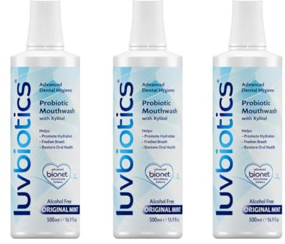 Luvbiotics – Mundspülung ohne Alkohol mit Probiotika, Xylit & Fluorid 3x500ml Set – Mundwasser gegen Mundgeruch, Zahnfleischentzündungen & Aphten – Mouthwash für gute Mundhygiene – SLS- & Parabenfrei