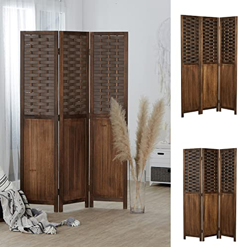 Homestyle4u 2023, Paravent Raumteiler Holz Dunkel Braun 3 teilig Rattan Optik Trennwand Sichtschutz